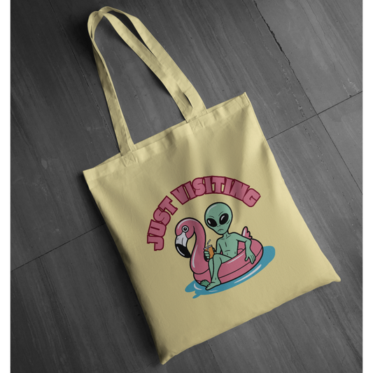 “Just Visiting” UFO Graphic Tote - Funny Alien Flamingo Pool Float Tote | Retro Summer Vacation Tote | LAHall Artworks