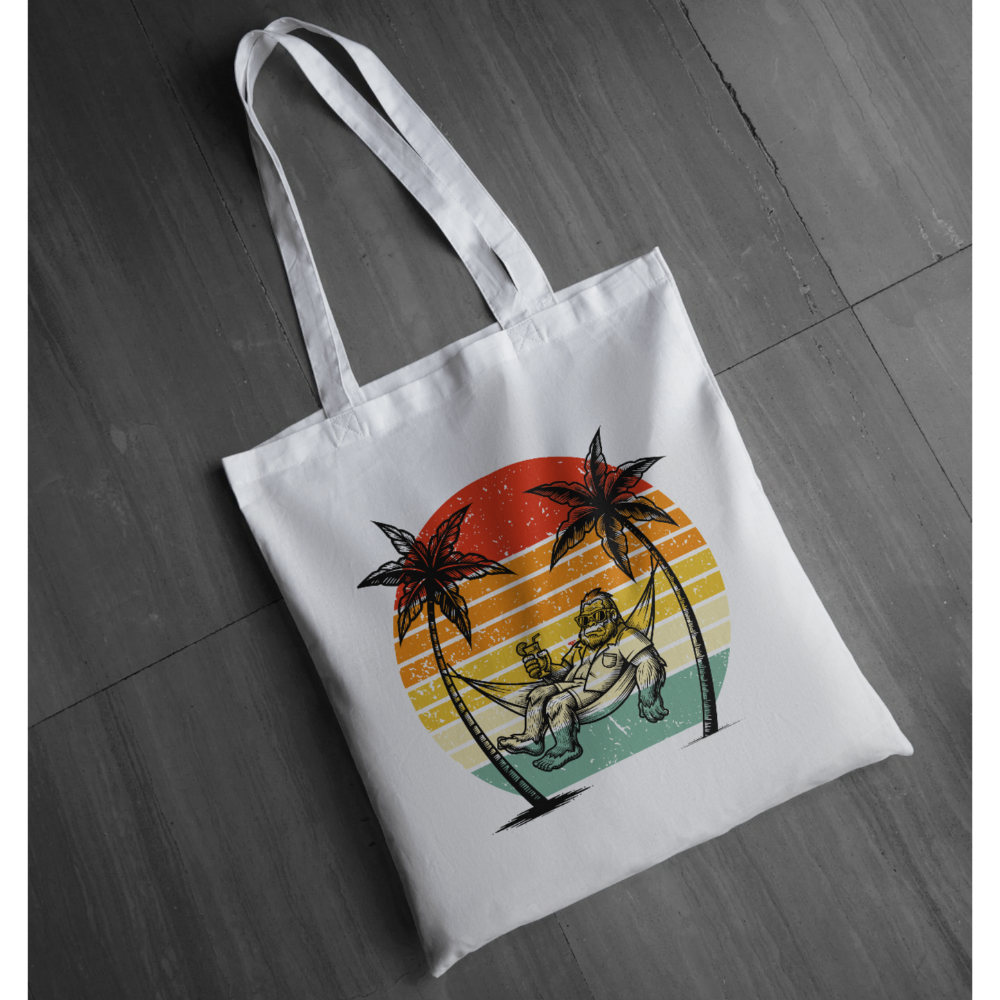 Bigfoot Beach Sunset Graphic Tee – Funny Sasquatch Vacation Tote | Vintage Retro Summer Tote | LAHall Artworks Bigfoot Collection