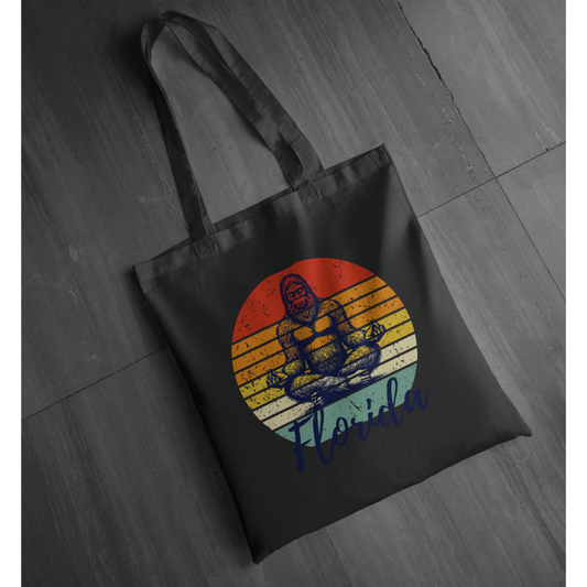 Florida Bigfoot Meditation Unisex Tote | Sunset Circle Sasquatch Graphic Tote