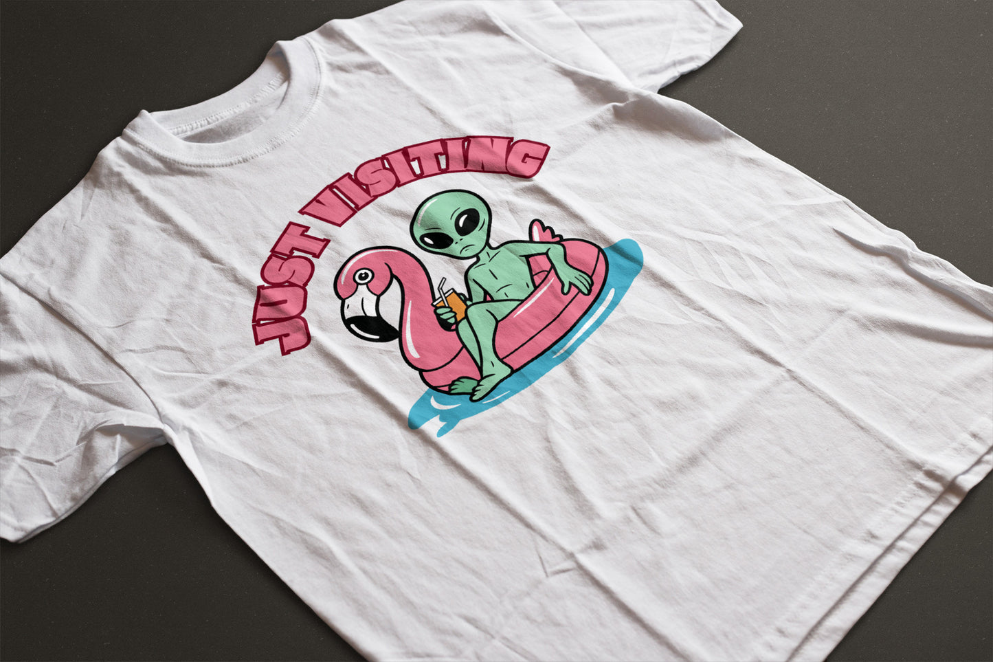 “Just Visiting” UFO Graphic Shirt - Funny Alien Flamingo Pool Float Tee | Retro Summer Vacation T-Shirt | LAHall Artworks
