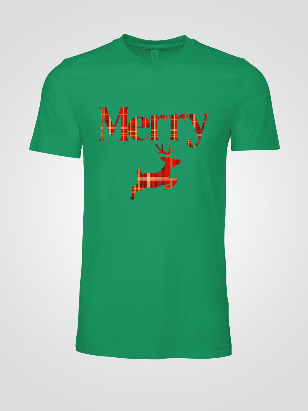 Merry Plaid Deer Christmas Tee — Festive Unisex Holiday T-Shirt in White, Grey, Black & Green | LAHall Artworks
