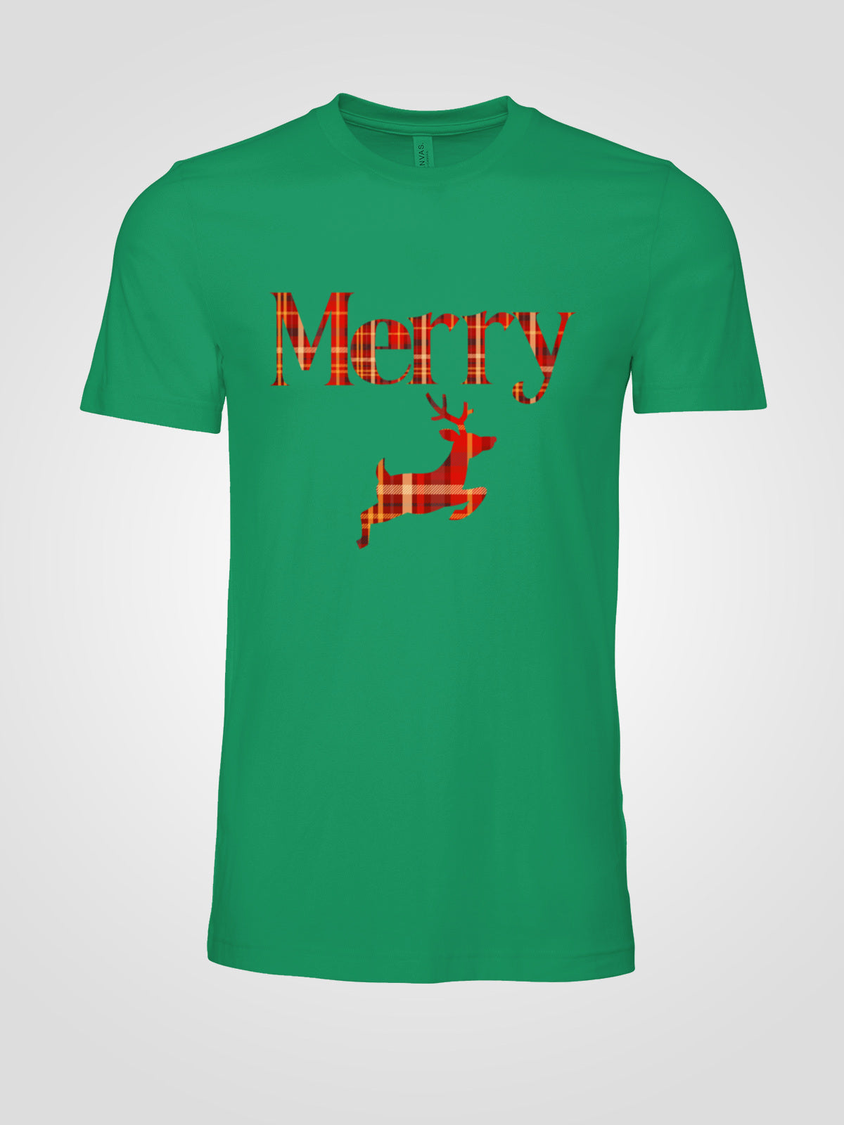Merry Plaid Deer Christmas Tee — Festive Unisex Holiday T-Shirt in White, Grey, Black & Green | LAHall Artworks