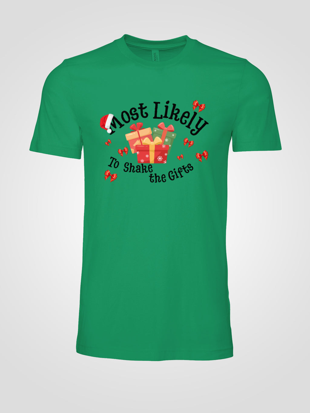 Most Likely to Shake the Gifts Christmas Tee — Fun Unisex Holiday Shirt with Gift & Bow Graphics | LAHall Artworks