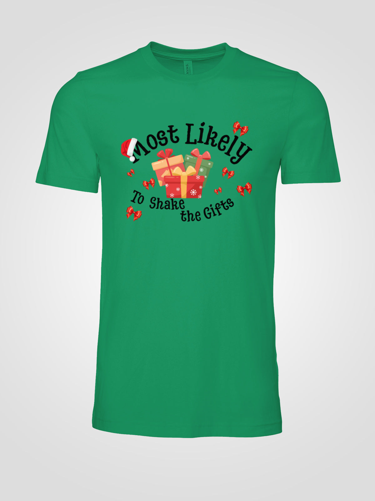Most Likely to Shake the Gifts Christmas Tee — Fun Unisex Holiday Shirt with Gift & Bow Graphics | LAHall Artworks