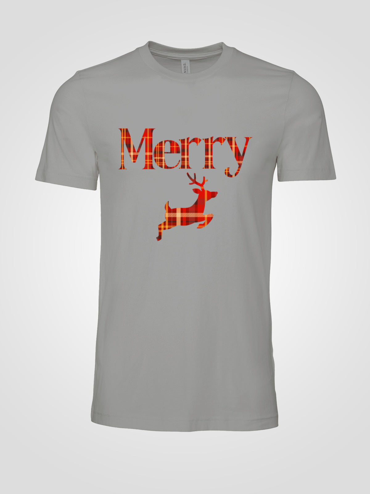 Merry Plaid Deer Christmas Tee — Festive Unisex Holiday T-Shirt in White, Grey, Black & Green | LAHall Artworks