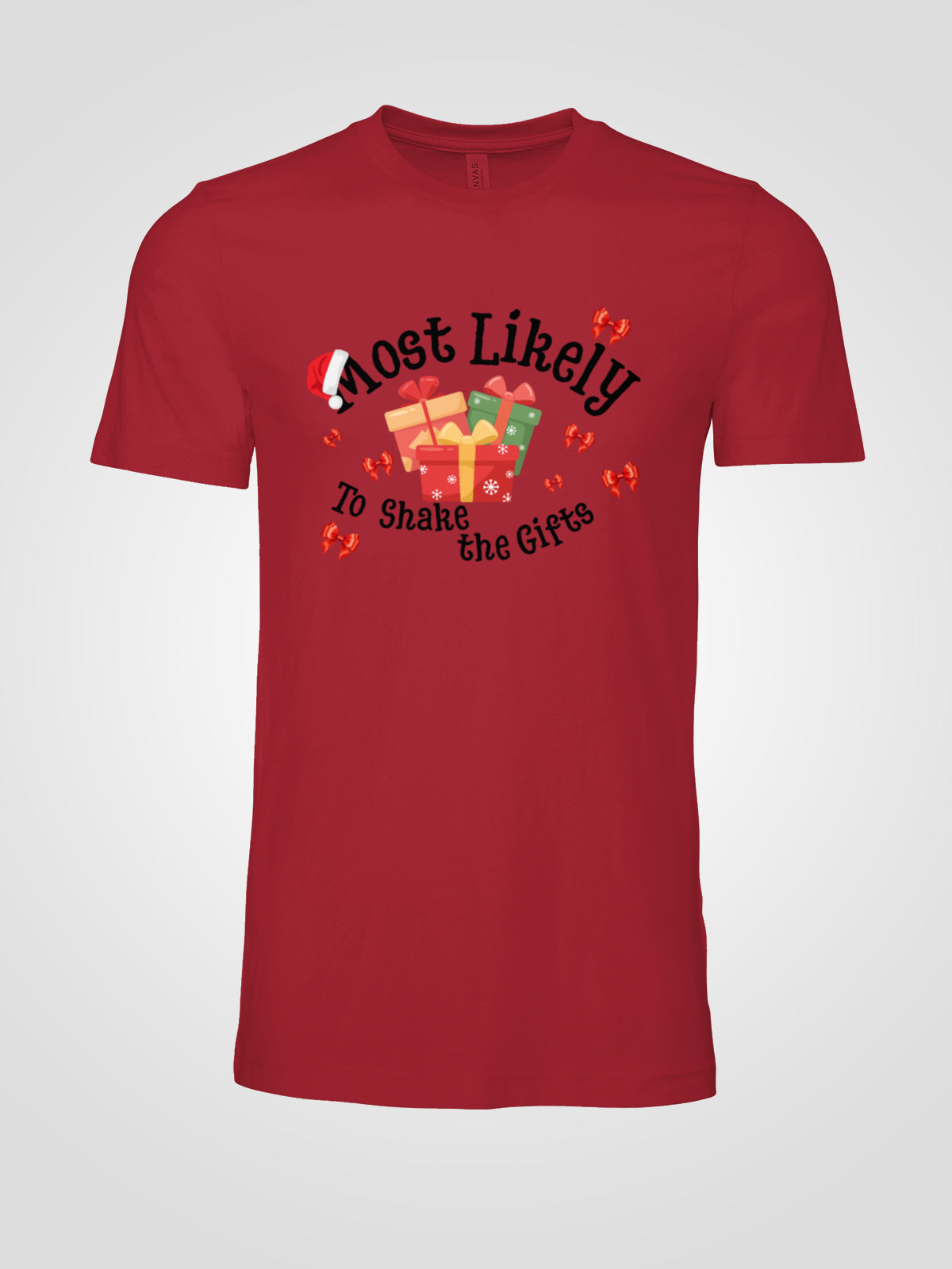 Most Likely to Shake the Gifts Christmas Tee — Fun Unisex Holiday Shirt with Gift & Bow Graphics | LAHall Artworks