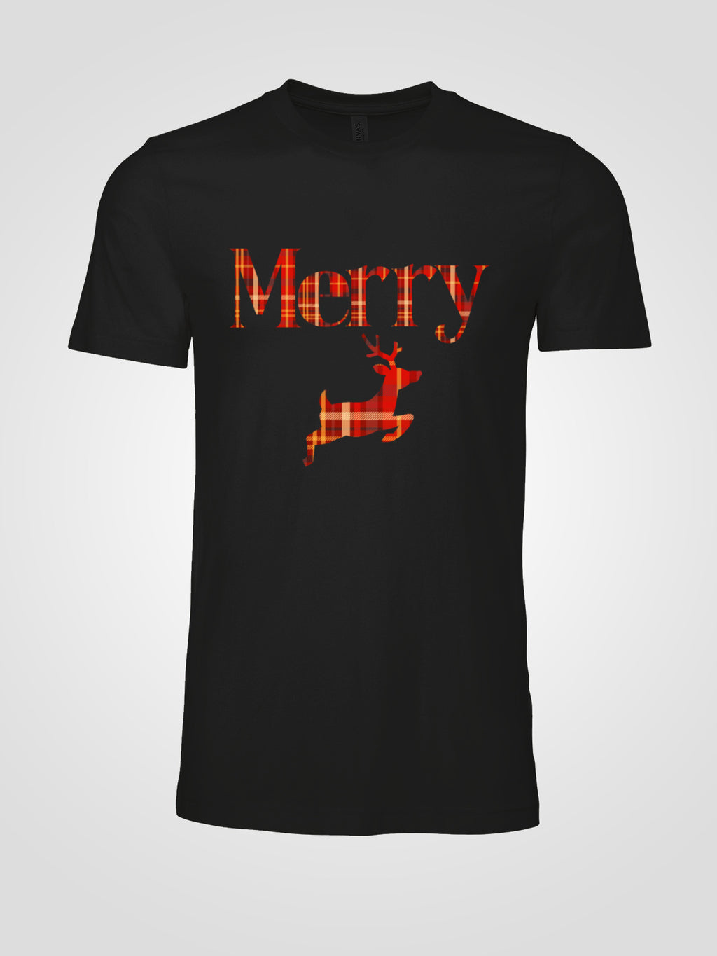 Merry Plaid Deer Christmas Tee — Festive Unisex Holiday T-Shirt in White, Grey, Black & Green | LAHall Artworks