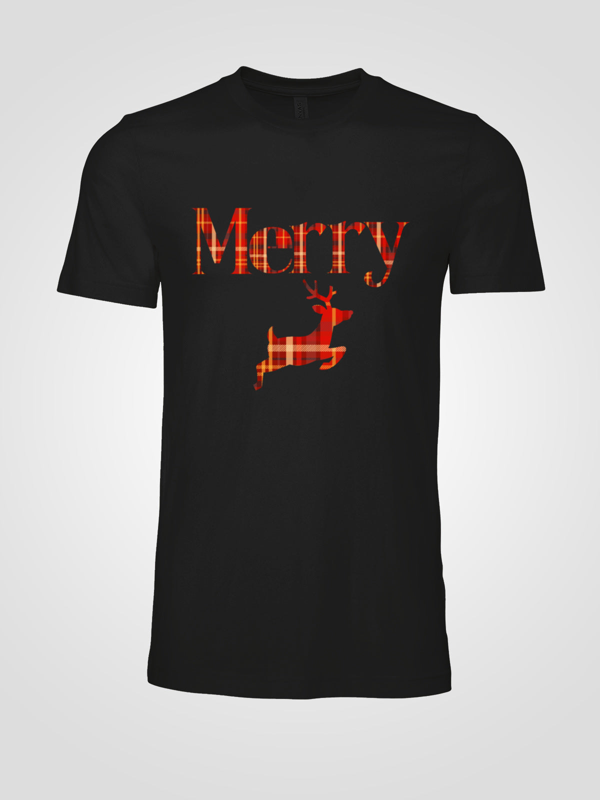 Merry Plaid Deer Christmas Tee — Festive Unisex Holiday T-Shirt in White, Grey, Black & Green | LAHall Artworks