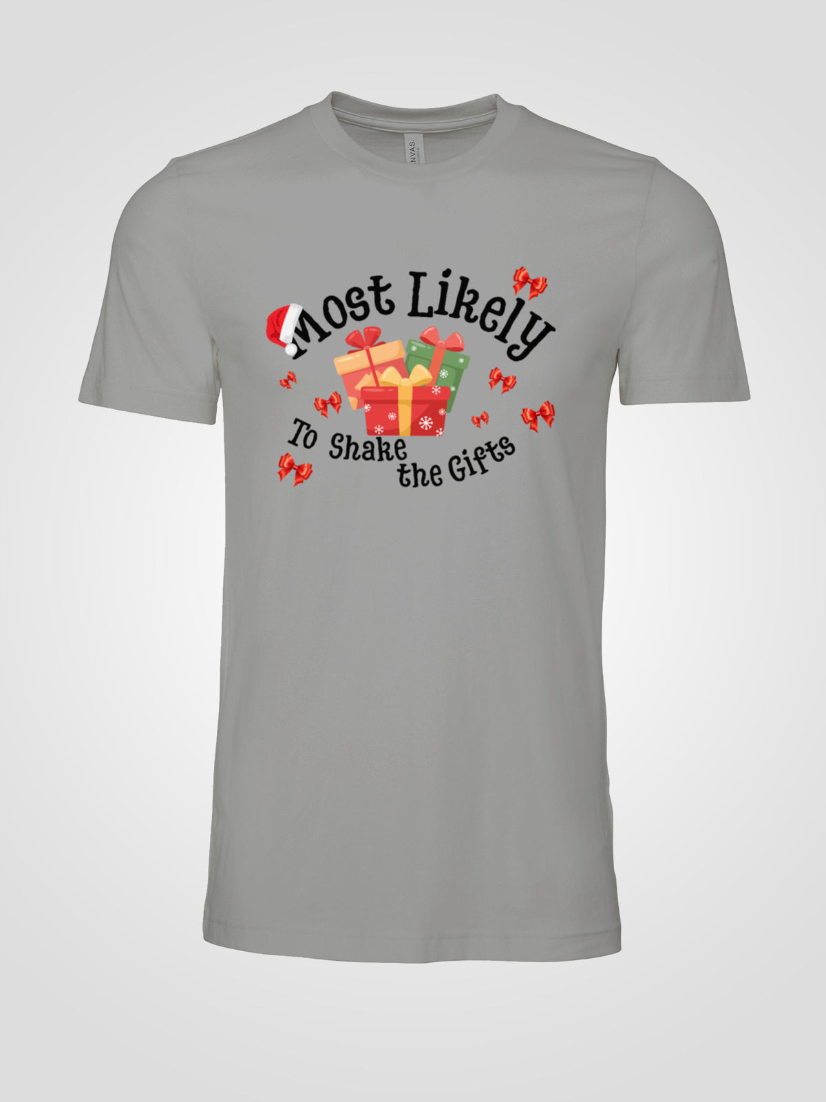 Most Likely to Shake the Gifts Christmas Tee — Fun Unisex Holiday Shirt with Gift & Bow Graphics | LAHall Artworks