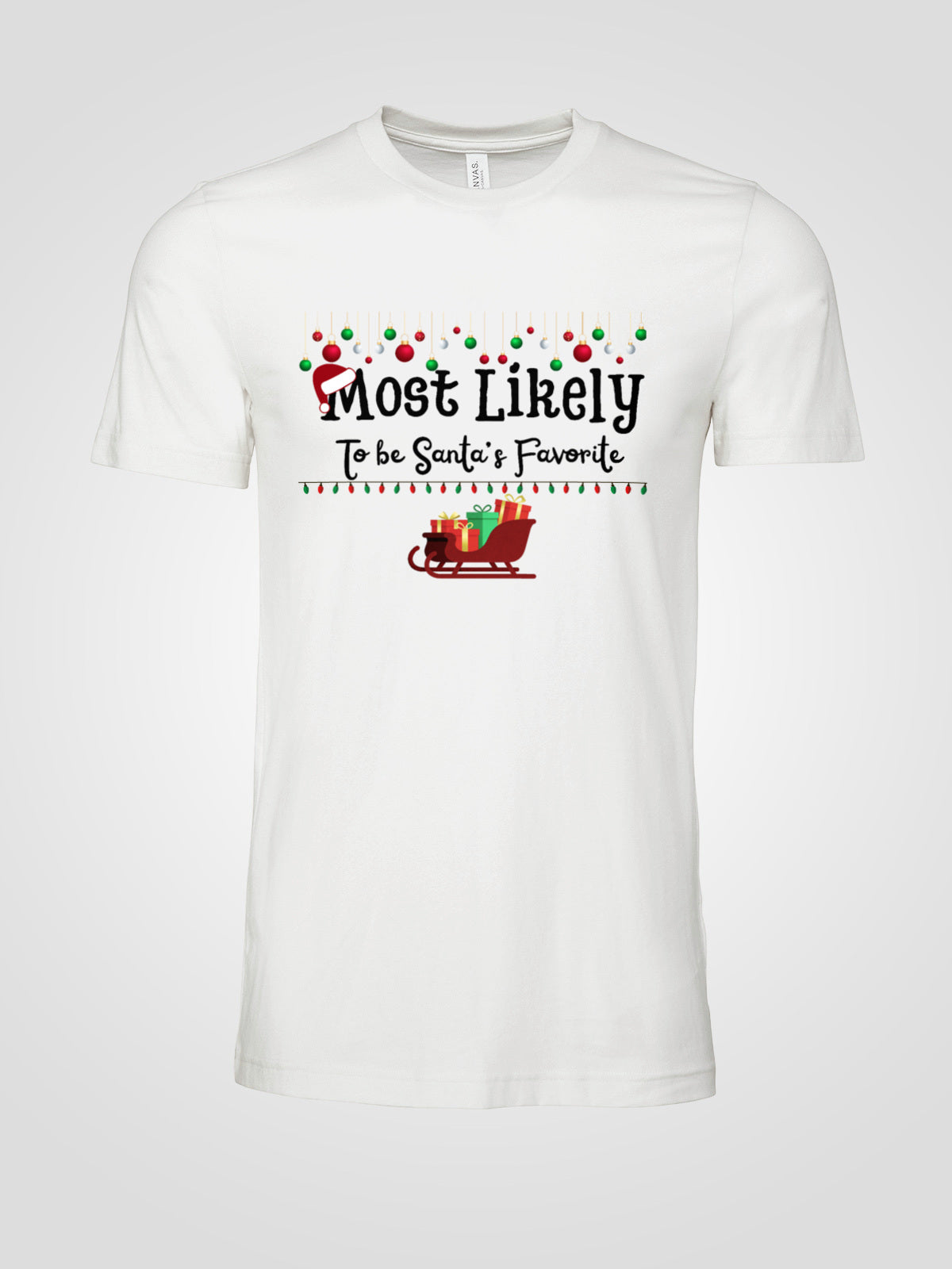 Most Likely to Be Santa’s Favorite Christmas Tee — Festive Unisex Holiday Shirt with Sleigh & Ornament Graphics | LAHall Artworks