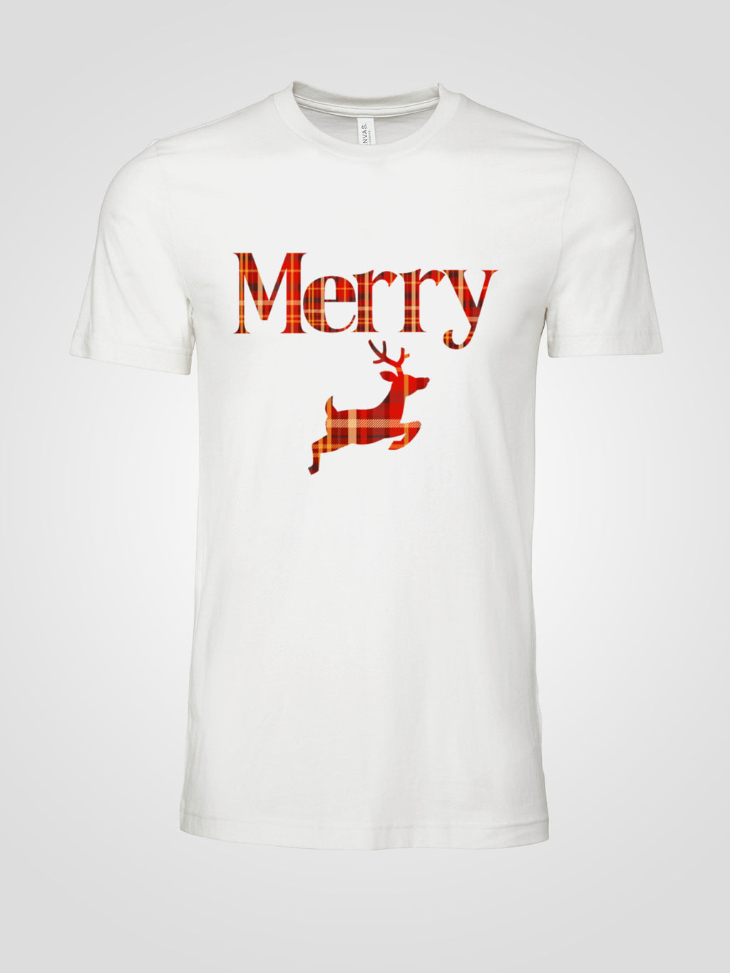 Merry Plaid Deer Christmas Tee — Festive Unisex Holiday T-Shirt in White, Grey, Black & Green | LAHall Artworks