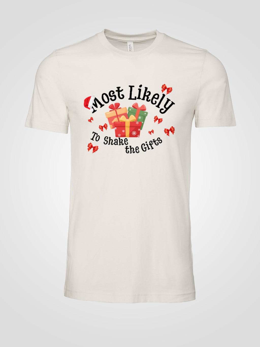 Most Likely to Shake the Gifts Christmas Tee — Fun Unisex Holiday Shirt with Gift & Bow Graphics | LAHall Artworks