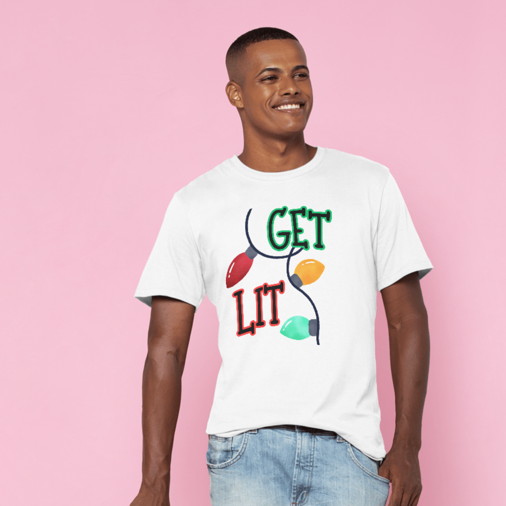 Get Lit Holiday T-Shirt – Funny Christmas Lights Unisex Tee | Festive Graphic Shirt in Black, White, or Grey