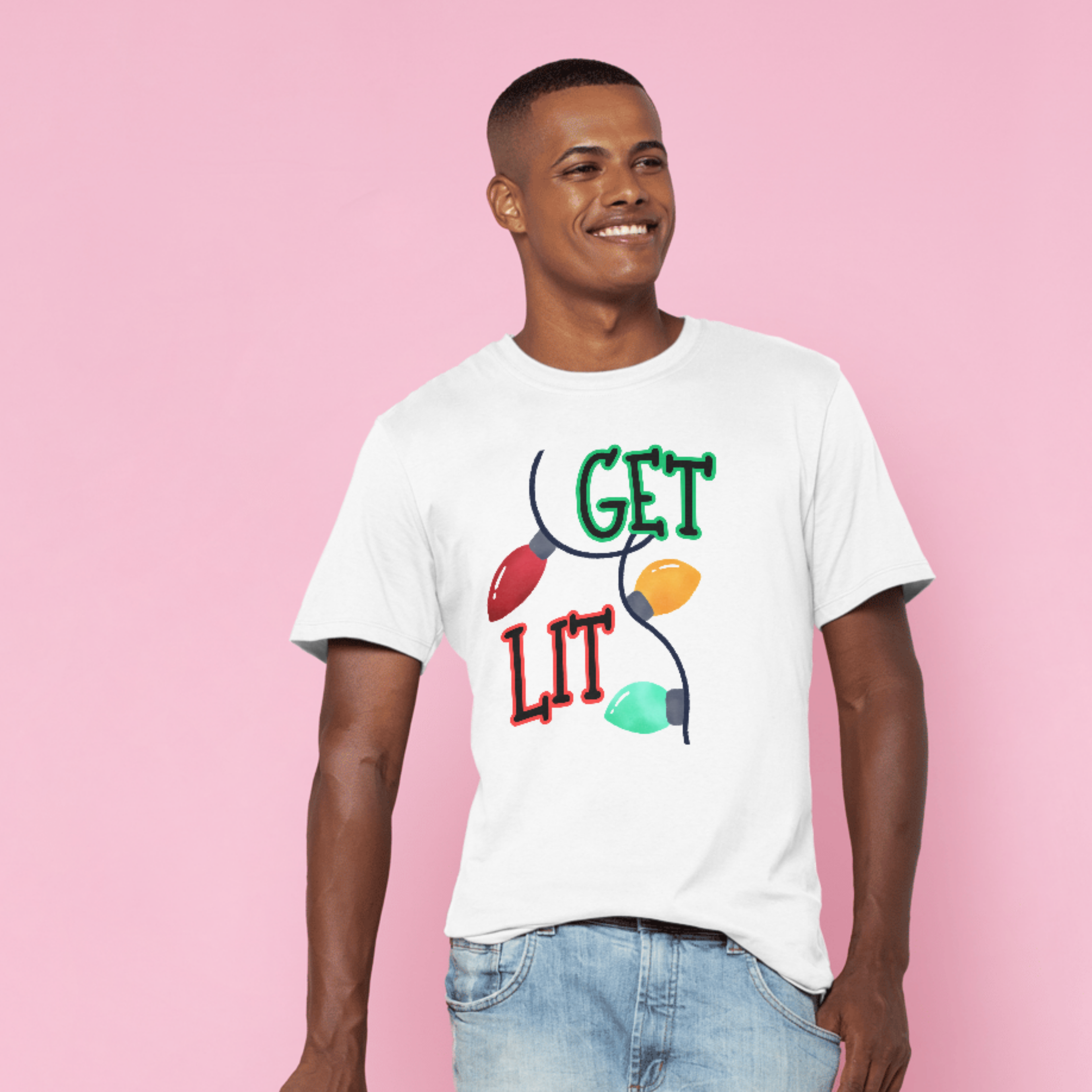 Get Lit Holiday T-Shirt – Funny Christmas Lights Unisex Tee | Festive Graphic Shirt in Black, White, or Grey
