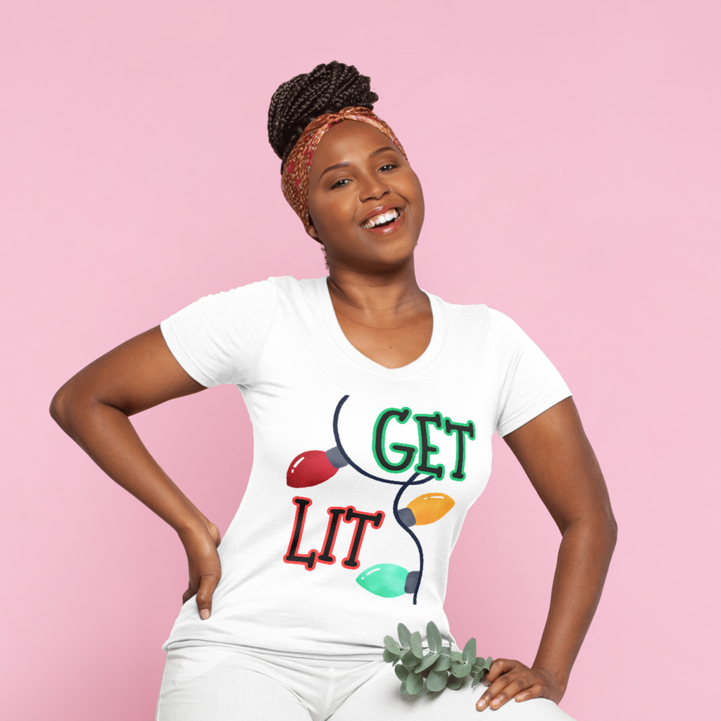 Get Lit Holiday T-Shirt – Funny Christmas Lights Unisex Tee | Festive Graphic Shirt in Black, White, or Grey