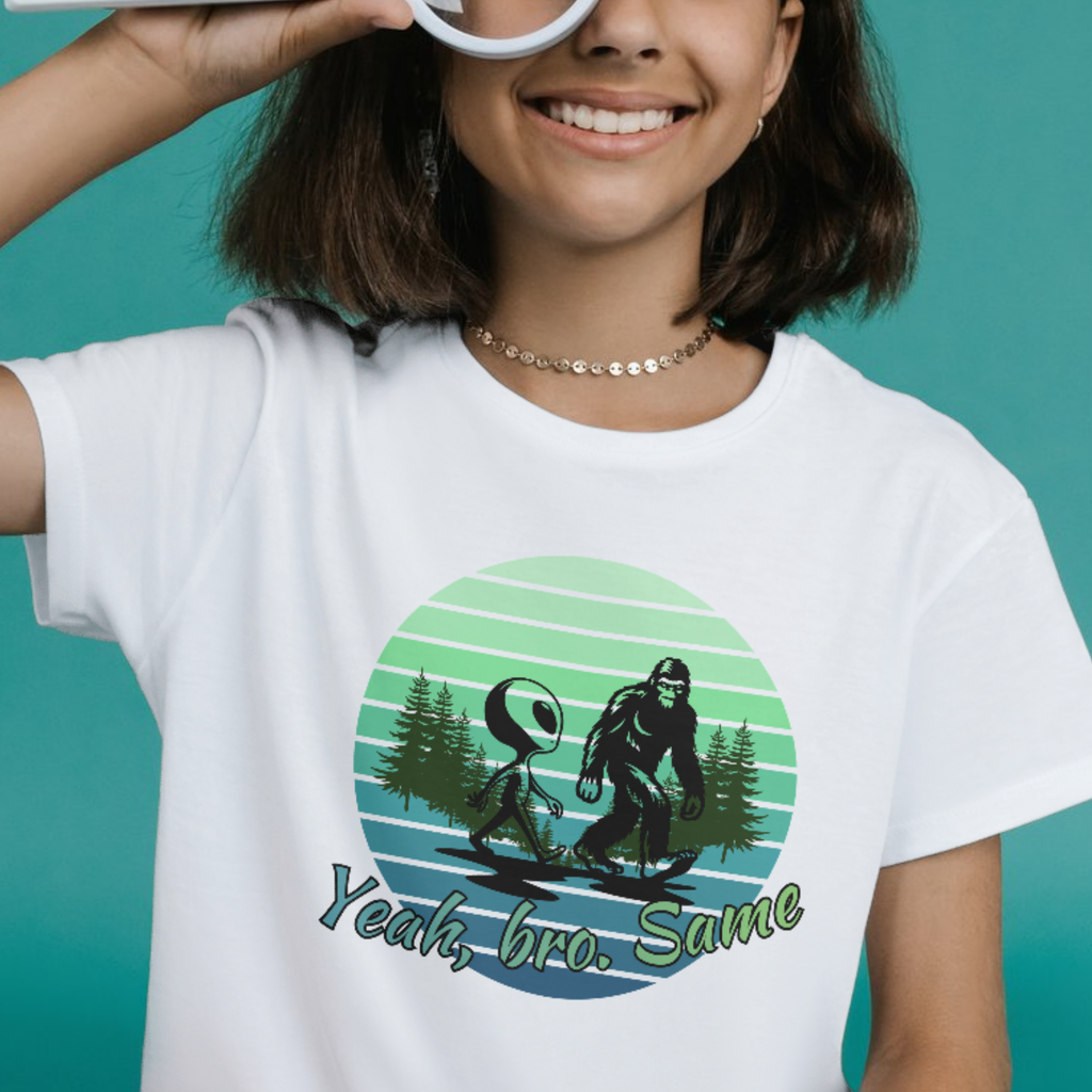 "Yeah Same Bro" Bigfoot and Alien Youth Tee | LAHall Artworks Funny Cryptid Youth T-Shirt