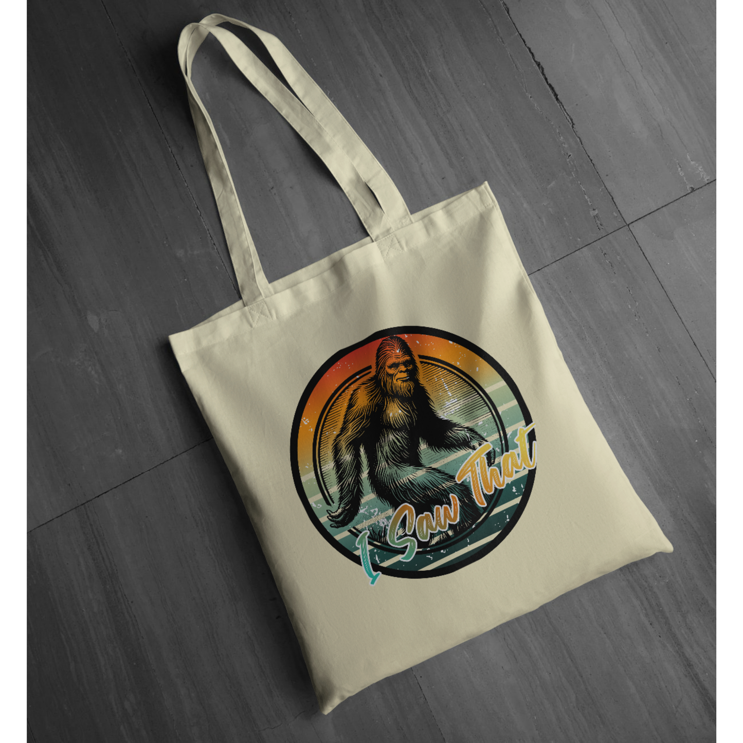 "I Saw That" Bigfoot Graphic Tote | Circular Bigfoot Design | LAHall Artworks Cryptid T-Shirt