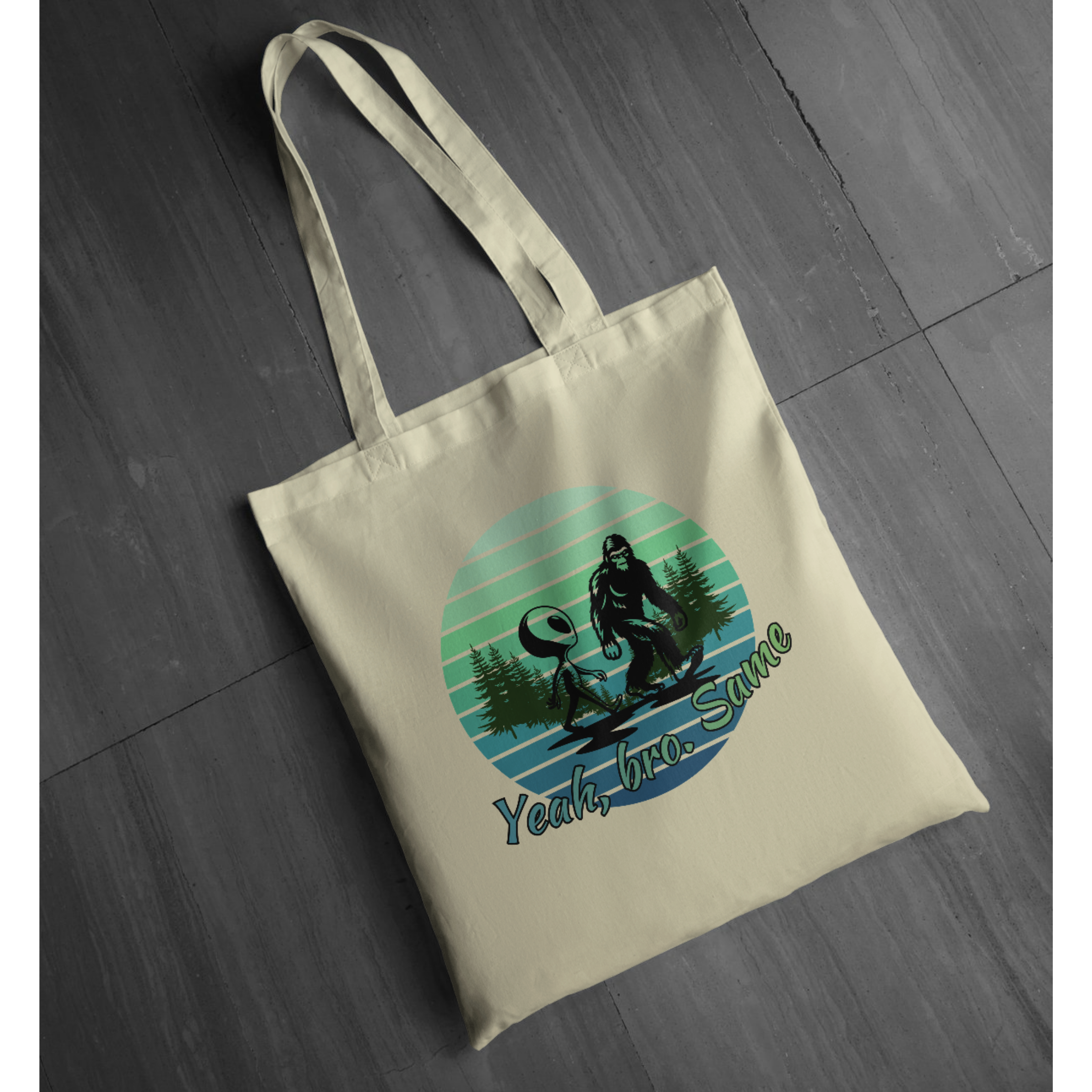 "Yeah Same Bro" Bigfoot and Alien Tote | LAHall Artworks Funny Cryptid Tote Bag