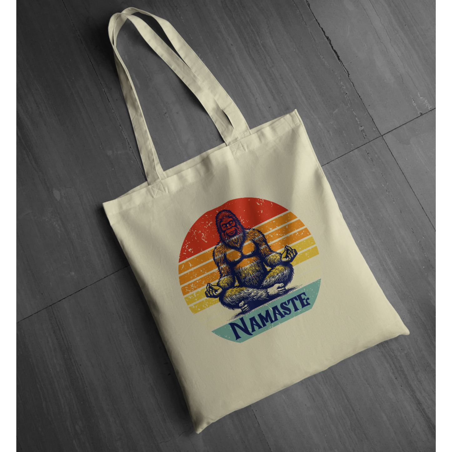 "Namaste" Bigfoot Unisex Tote | Soft Sunset Meditation Sasquatch Graphic Tote