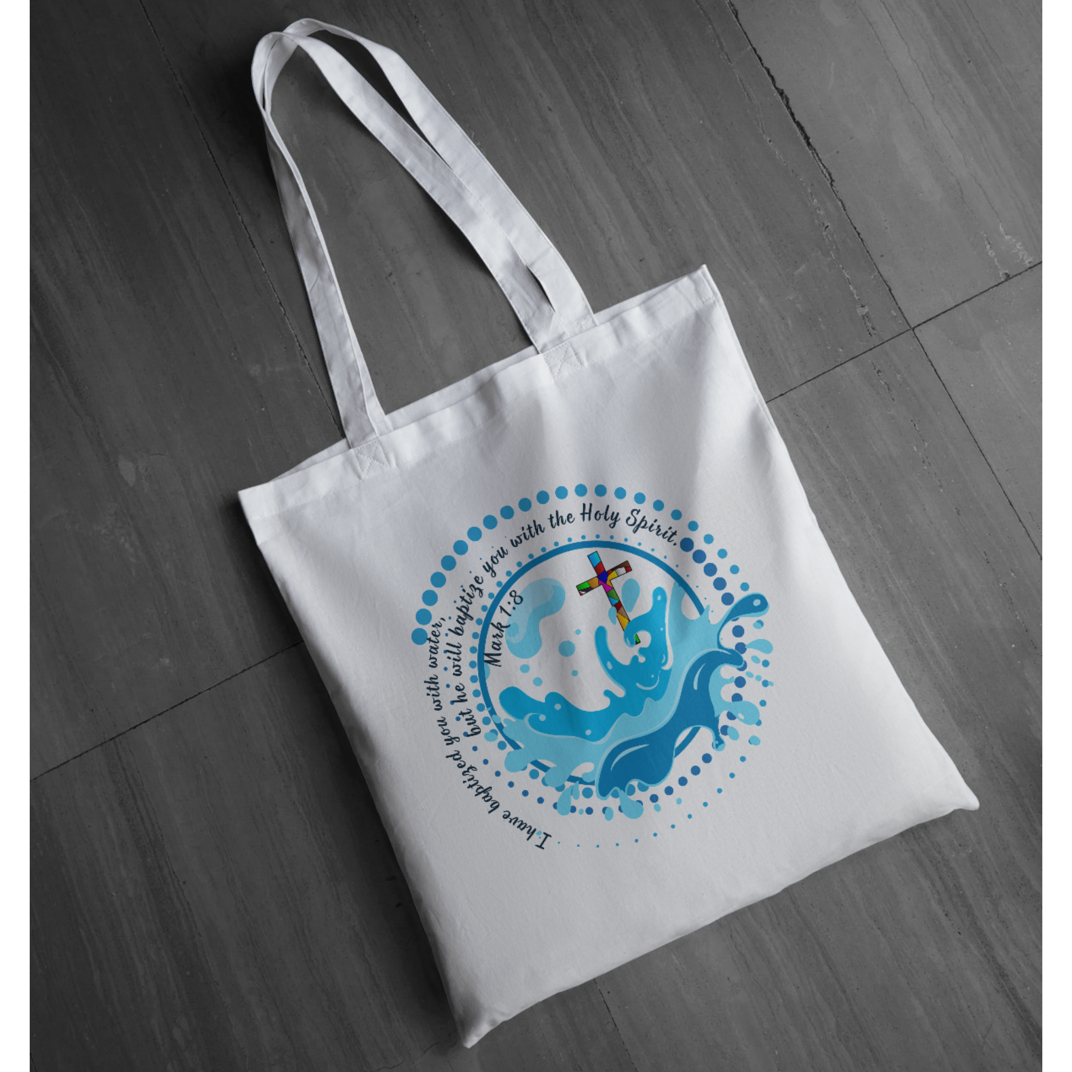 "Baptized in Water" Graphic Tote | Stained Glass Cross Scripture Shirt | Christian Faith Tote | LAHall Artworks