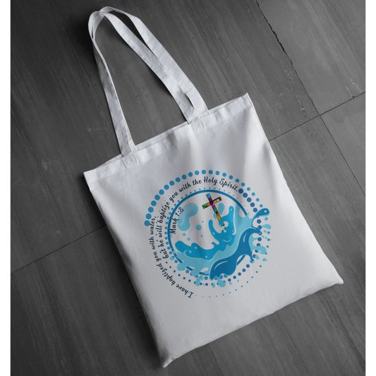 "Baptized in Water" Graphic Tote | Stained Glass Cross Scripture Shirt | Christian Faith Tote | LAHall Artworks
