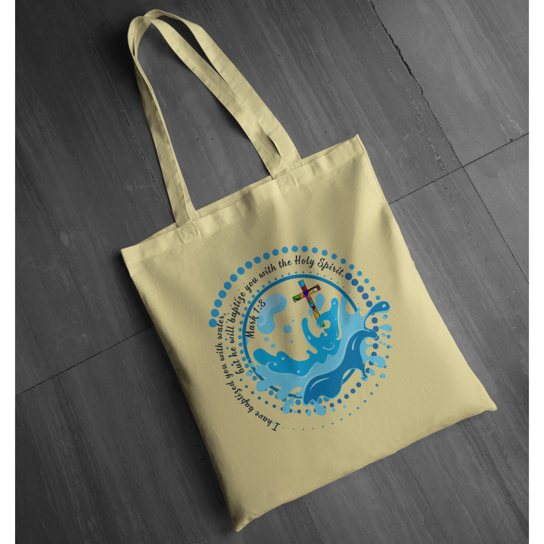 "Baptized in Water" Graphic Tote | Stained Glass Cross Scripture Shirt | Christian Faith Tote | LAHall Artworks