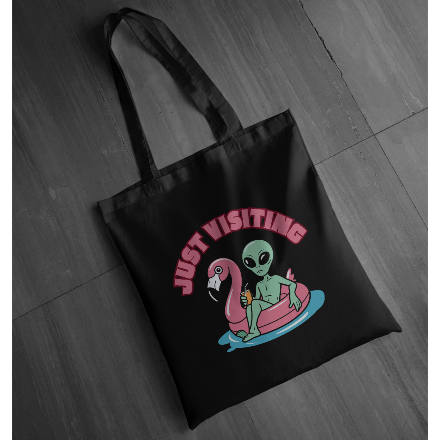 “Just Visiting” UFO Graphic Tote - Funny Alien Flamingo Pool Float Tote | Retro Summer Vacation Tote | LAHall Artworks