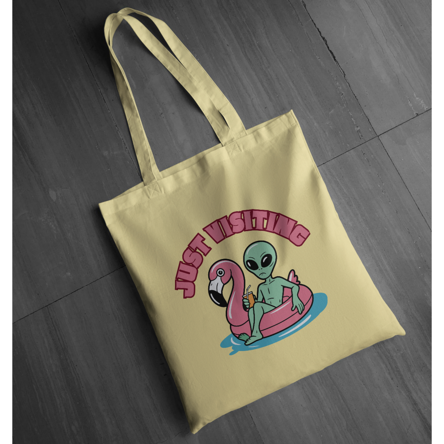 “Just Visiting” UFO Graphic Tote - Funny Alien Flamingo Pool Float Tote | Retro Summer Vacation Tote | LAHall Artworks