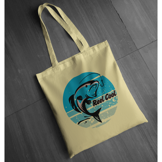 "Reel Cool" Fishing Graphic Tote | Retro Fish Jumping Design Tote | Coastal Angler Tote | LAHall Artworks