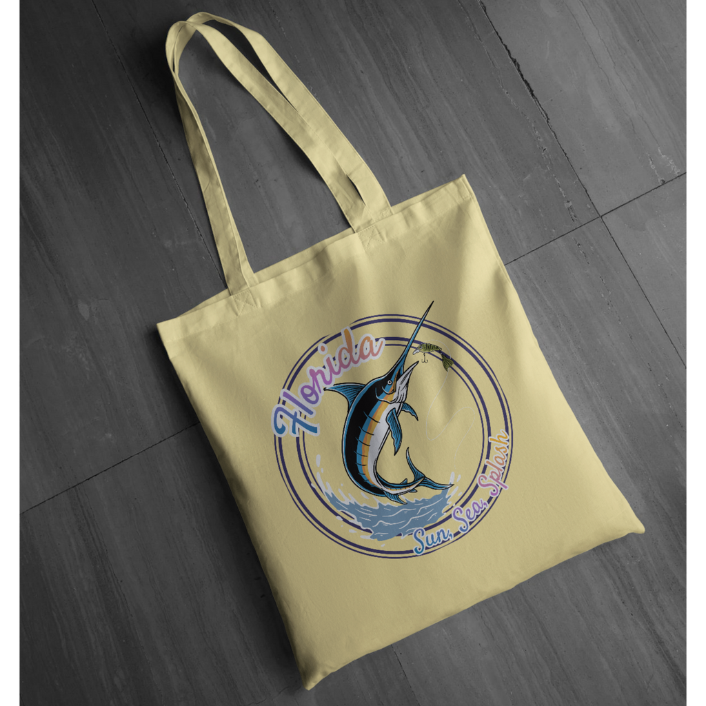 "Sun Sea Splash" -  Tote - Florida Marlin Fishing Graphic Tote –  | Coastal Fishing Tote | Retro Florida Vacation Tote | LAHall Artworks