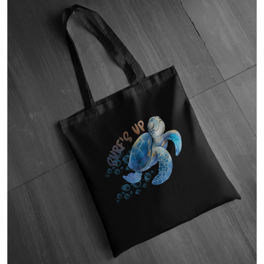 "Surf’s Up" Cartoon Sea Turtle Graphic Tote | Cute Ocean Surf Tote | Coastal Beach Vibes Tote  LAHall Artworks