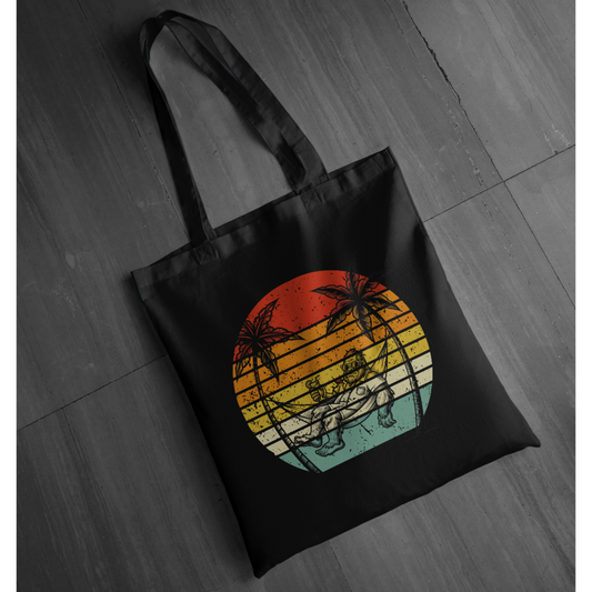 Bigfoot Beach Sunset Graphic Tee – Funny Sasquatch Vacation Tote | Vintage Retro Summer Tote | LAHall Artworks Bigfoot Collection