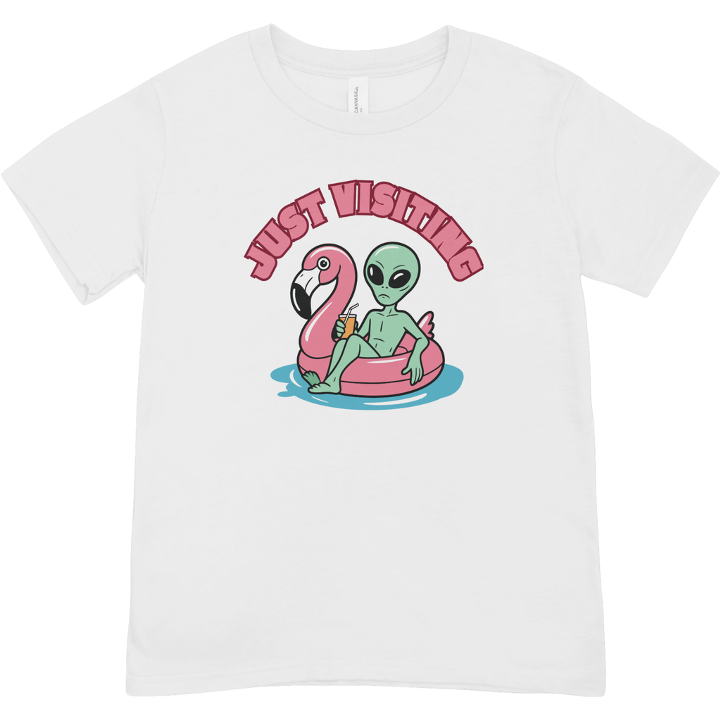 “Just Visiting” UFO Graphic Youth Shirt - Funny Alien Flamingo Pool Float Youth Tee | Retro Summer Vacation T-Shirt | LAHall Artworks (Copy)