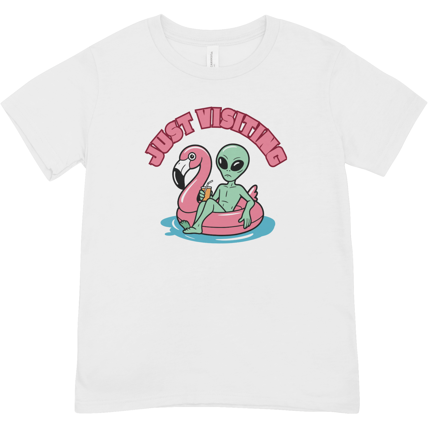 “Just Visiting” UFO Graphic Youth Shirt - Funny Alien Flamingo Pool Float Youth Tee | Retro Summer Vacation T-Shirt | LAHall Artworks (Copy)