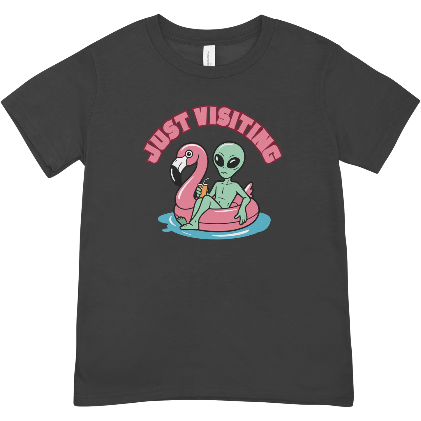 “Just Visiting” UFO Graphic Youth Shirt - Funny Alien Flamingo Pool Float Youth Tee | Retro Summer Vacation T-Shirt | LAHall Artworks (Copy)