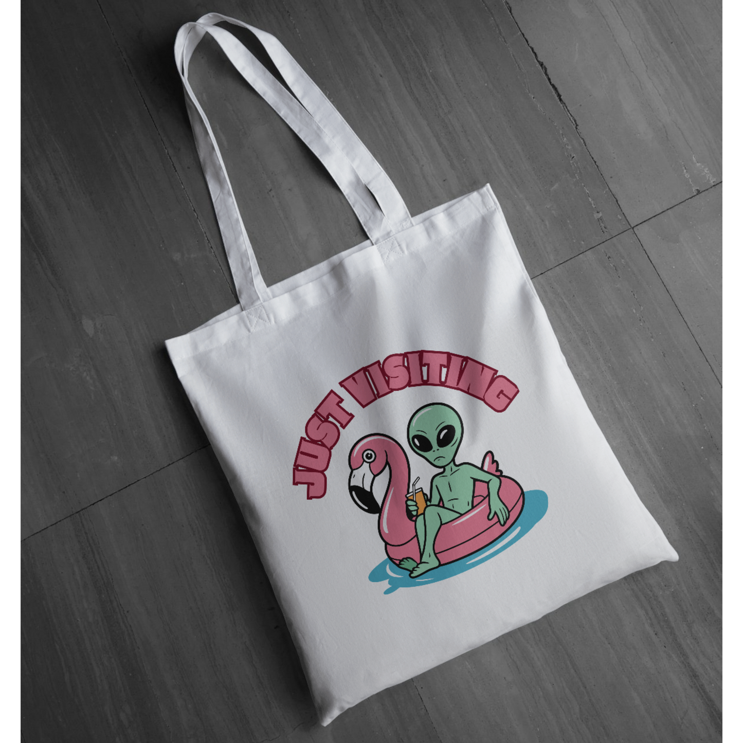 “Just Visiting” UFO Graphic Tote - Funny Alien Flamingo Pool Float Tote | Retro Summer Vacation Tote | LAHall Artworks