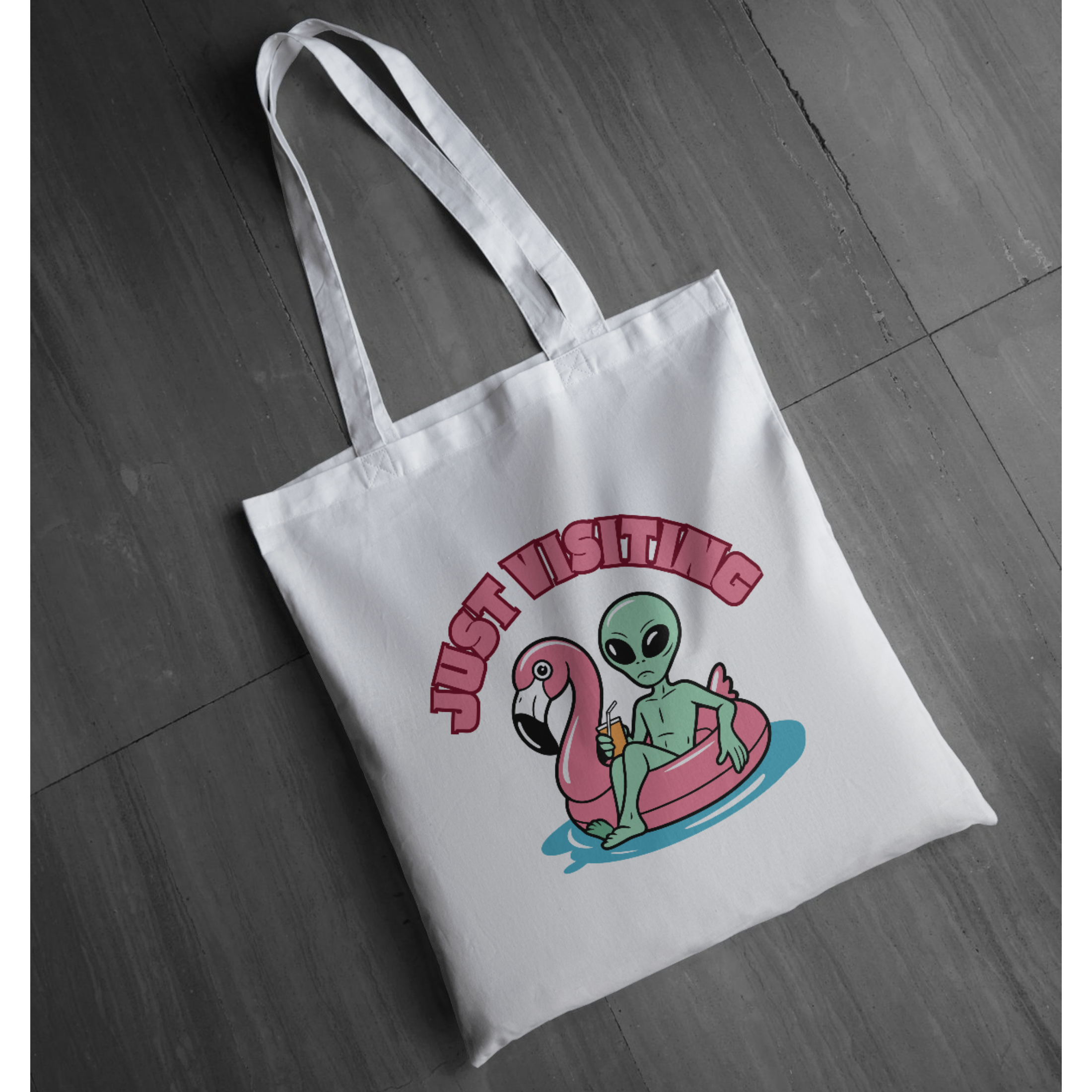 “Just Visiting” UFO Graphic Tote - Funny Alien Flamingo Pool Float Tote | Retro Summer Vacation Tote | LAHall Artworks