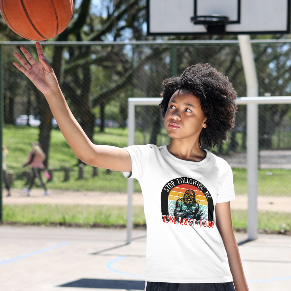 "Stop Following Me I’m Lost Too" Bigfoot Youth Graphic Tee | LAHall Artworks Cryptid T-Shirt
