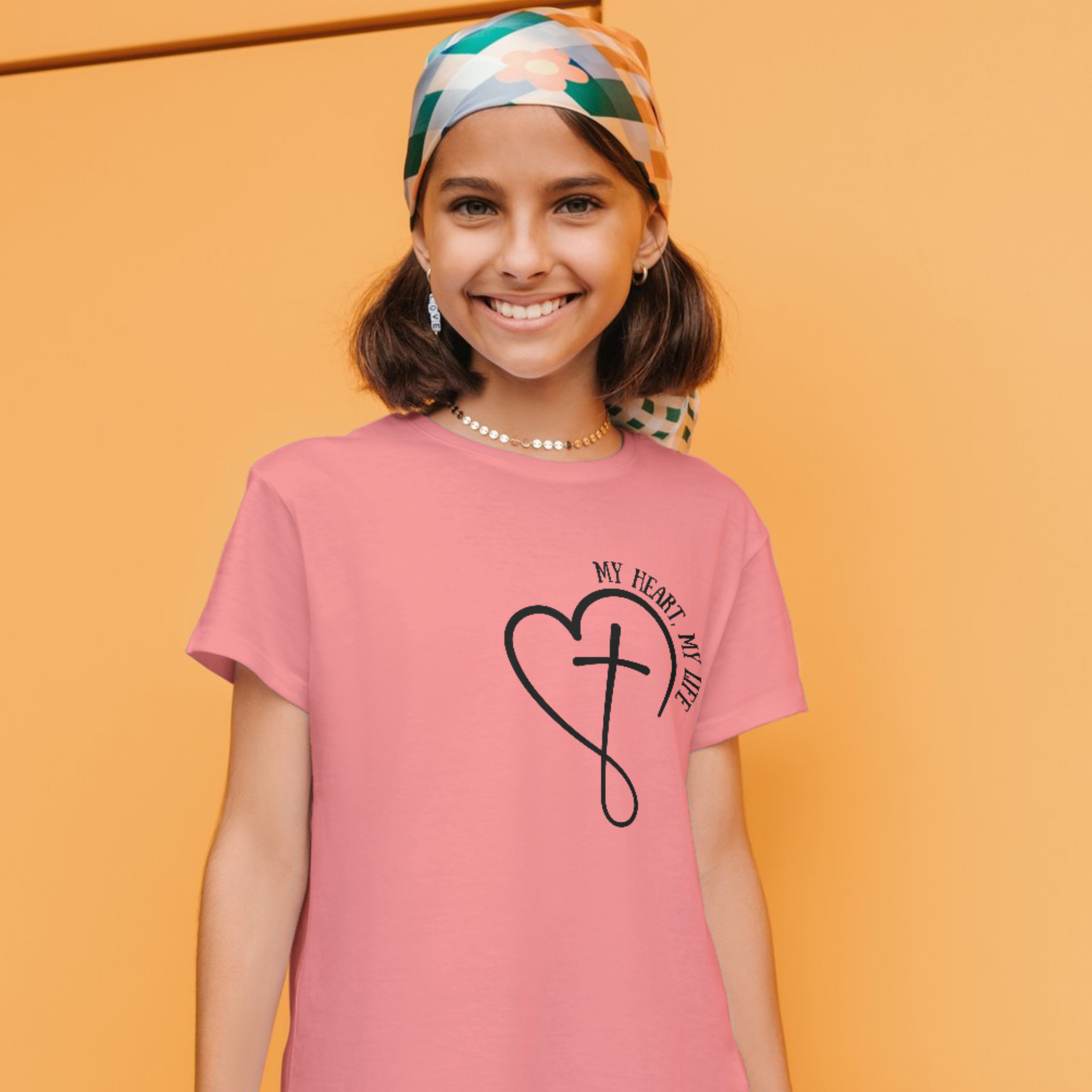 "My Heart My Life" Youth Graphic Tee | Heart and Cross Line Art Inspirational Shirt
