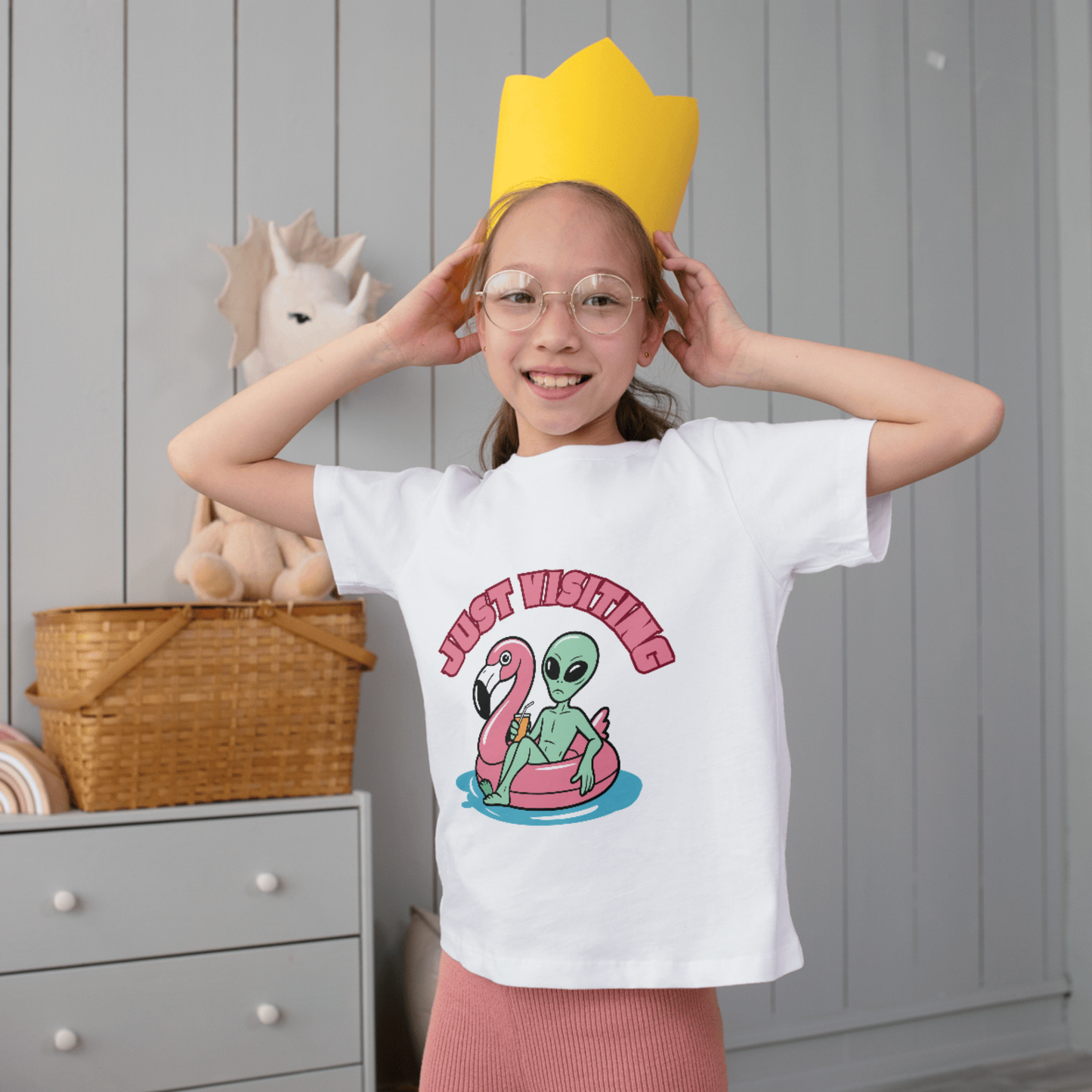 “Just Visiting” UFO Graphic Youth Shirt - Funny Alien Flamingo Pool Float Youth Tee | Retro Summer Vacation T-Shirt | LAHall Artworks (Copy)
