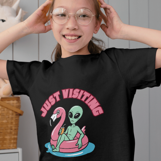 “Just Visiting” UFO Graphic Youth Shirt - Funny Alien Flamingo Pool Float Youth Tee | Retro Summer Vacation T-Shirt | LAHall Artworks (Copy)