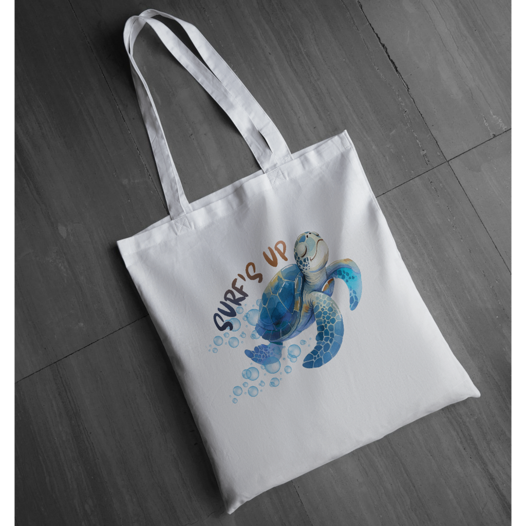"Surf’s Up" Cartoon Sea Turtle Graphic Tote | Cute Ocean Surf Tote | Coastal Beach Vibes Tote  LAHall Artworks