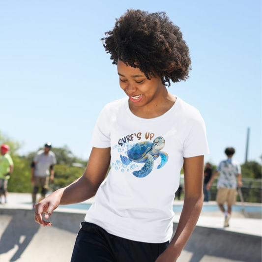 "Surf’s Up" Cartoon Sea Turtle Graphic Youth Tee | Cute Ocean Surf Youth Shirt | Coastal Beach Vibes T-Shirt | LAHall Artworks (Copy)