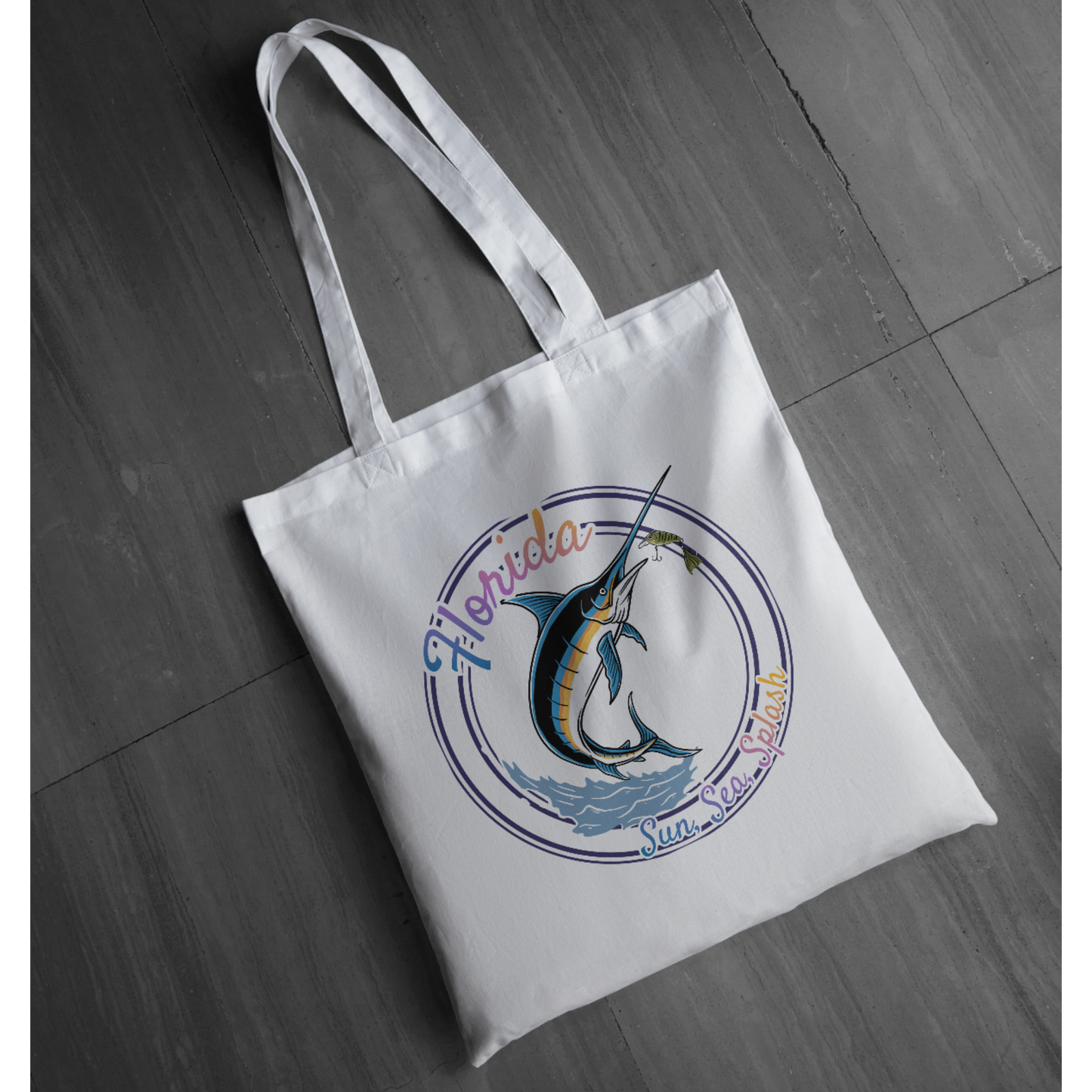 "Sun Sea Splash" -  Tote - Florida Marlin Fishing Graphic Tote –  | Coastal Fishing Tote | Retro Florida Vacation Tote | LAHall Artworks