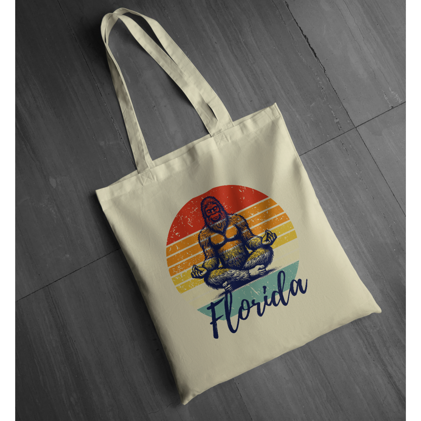 Florida Bigfoot Meditation Unisex Tote | Sunset Circle Sasquatch Graphic Tote