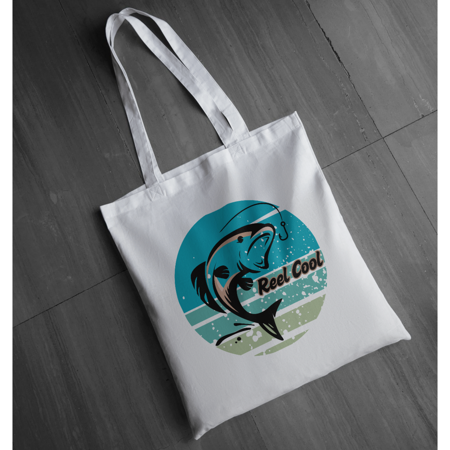 "Reel Cool" Fishing Graphic Tote | Retro Fish Jumping Design Tote | Coastal Angler Tote | LAHall Artworks
