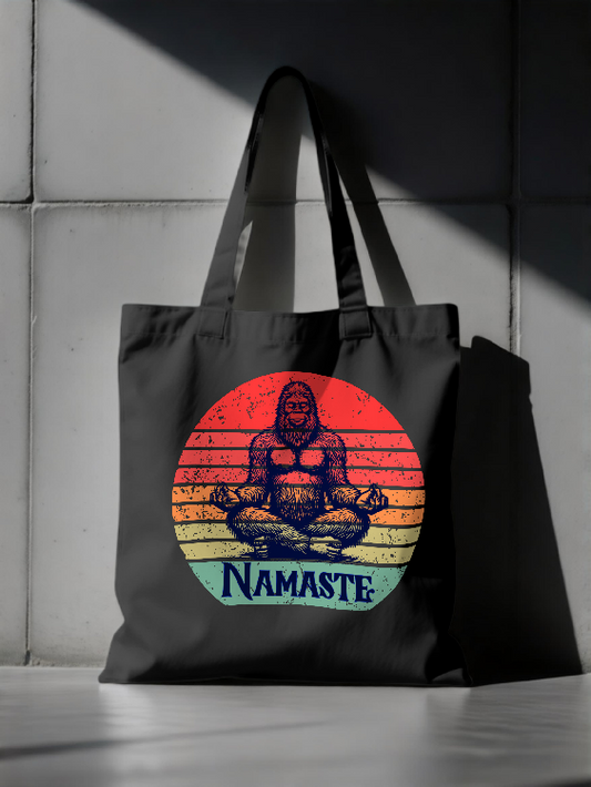 Namaste Bigfoot Unisex Tote | Soft Sunset Meditation Sasquatch Graphic Tote