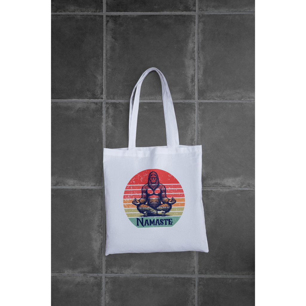 "Namaste" Bigfoot Unisex Tote | Soft Sunset Meditation Sasquatch Graphic Tote