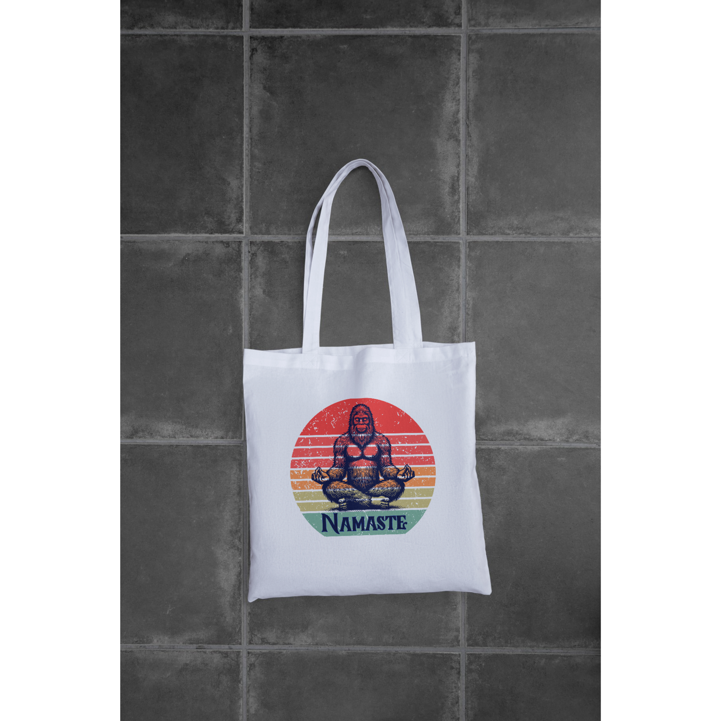 Namaste Bigfoot Unisex Tote | Soft Sunset Meditation Sasquatch Graphic Tote