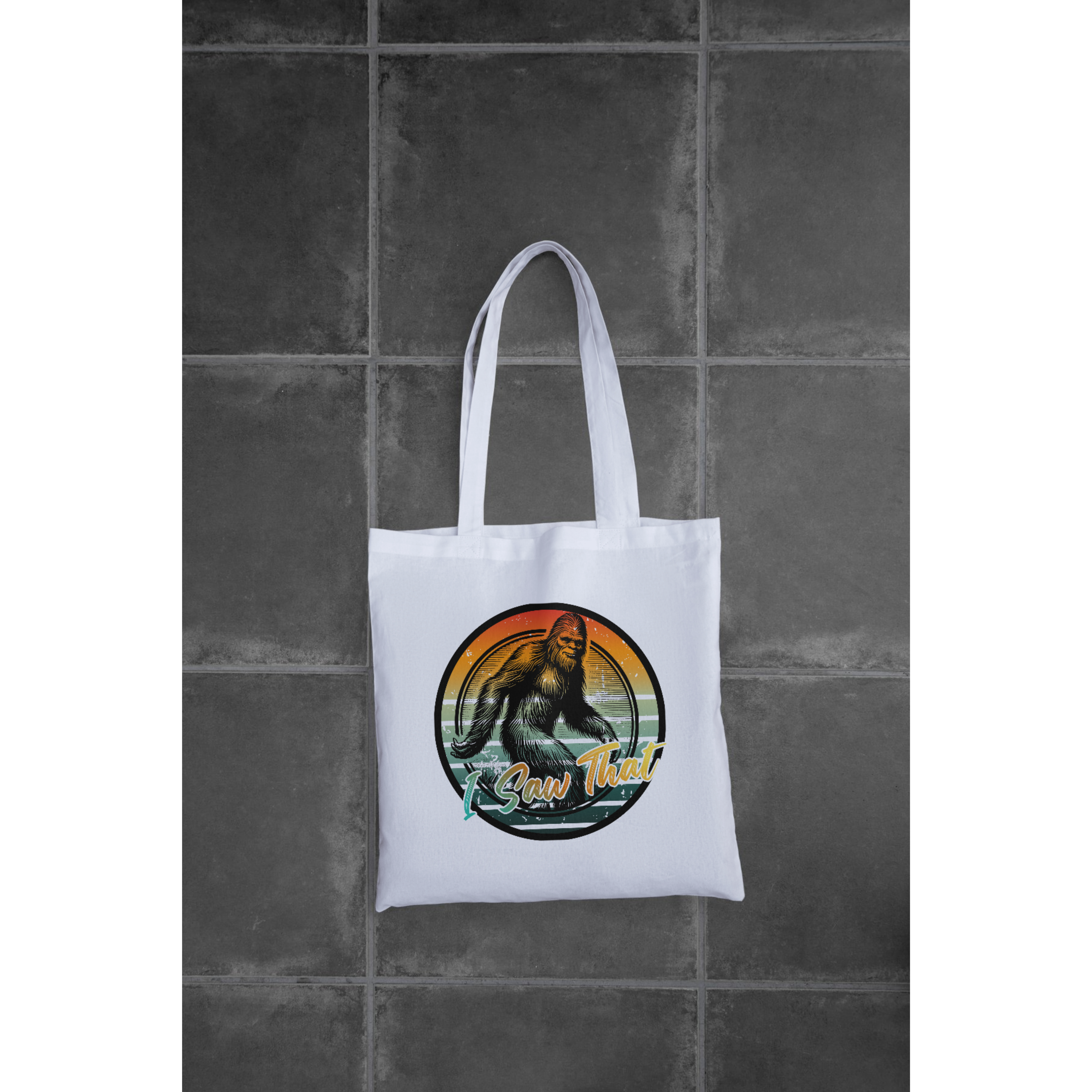 "I Saw That" Bigfoot Graphic Tote | Circular Bigfoot Design | LAHall Artworks Cryptid T-Shirt